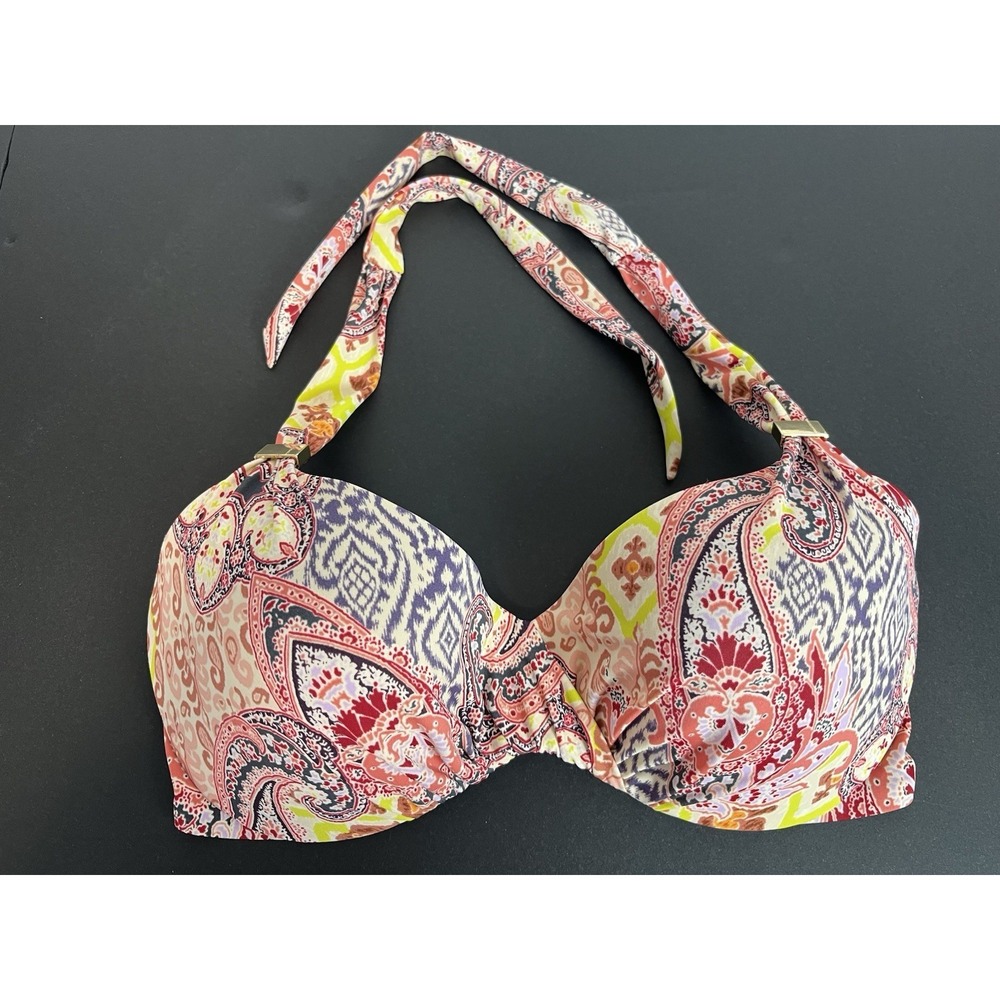 Victoria Secret Swim Bikini Top 34D Coral Pink Paisley Padded Halter 2015